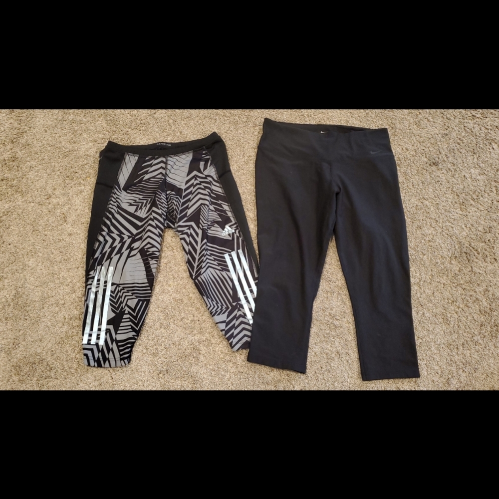 TWO Women's Athletic Crop Capri Leggings Sz M Nike Dri-FIT Adidas supernova